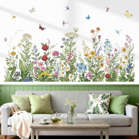 Stickers Muraux Fleurs Autocollants Muraux Plantes Herbe Feuilles (1/5)