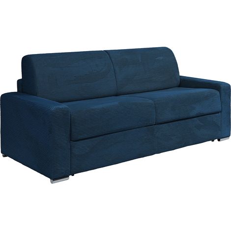 Canapé 4 places convertible express en velours côtelé bleu - Couchage lattes larges 160 cm - Matelas 14 cm CALITO (1/5)