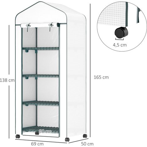 Serre mobile sur roulettes avec étagères, tunnel de jardin en acier et bâche, abri chaud pour balcon ou extérieur, serre à plants 69 x 50 x 165 cm, idéale tomates, fleurs et végétaux, blanc (1/5)
