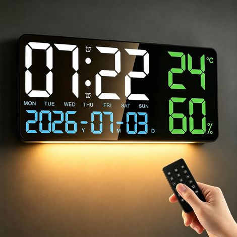 Digital Wall Clock 15 Inch Large LED Digital Wall Clock with Remote Control, Temperature, Date, Night Lights, Alarm, Adjustable Brightness Wall Clock for Living Room, Office, Bedroom (1/5)