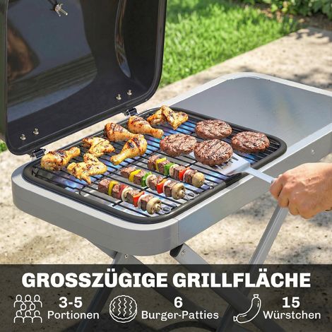 Grill à gaz portable 1 brûleur 2,5 kW chariot pliable avec grille, table latérale, couvercle et thermomètre (1/5)