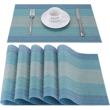 Set di 6 tovagliette in PVC, facili da pulire, antiscivolo, termoisolanti e antimacchia, 45 cm x 30 cm, blu. (1/4)
