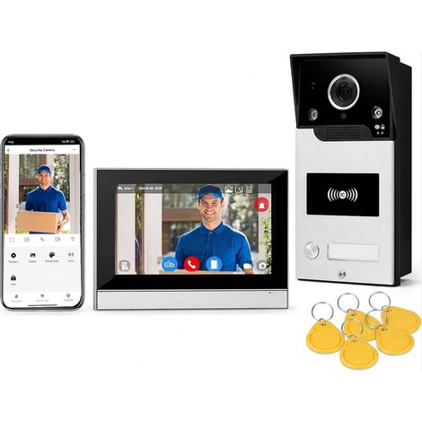 Interphone Vidéo WiFi 7 Pouces 1080P, Appareil Interphone Filaire 4 Fils avec Caméra Extérieure IP65, Écran Tactile, Déverrouillage par App/Carte, Détection de Mouvement (1/5)