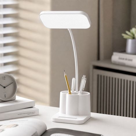 Lampe de bureau LED avec porte-stylos, éclairage AA, anti-éblouissement, flexible 360°, recharge USB-C, idéale pour lecture