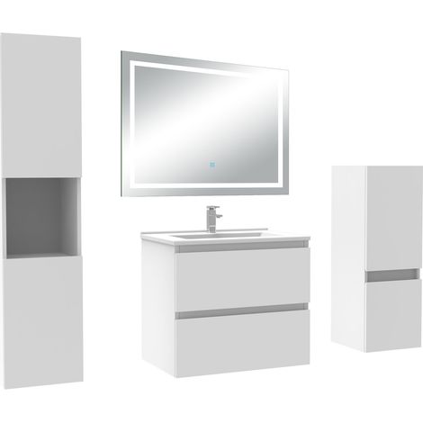 Acezanble Ensemble meuble salle de Bain 60cm avec colonne et miroir mural lumineux 3 couleurs blanc