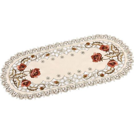 Ovaler Tischläufer bestickt mit Blumen, abwaschbar, 150x35cm