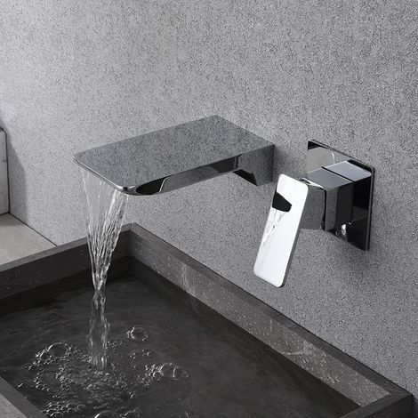 Robinet mitigeur mural encastré noir, 2 trous, effet cascade, laiton argenté - Robinet mitigeur de lavabo RW (1/3)