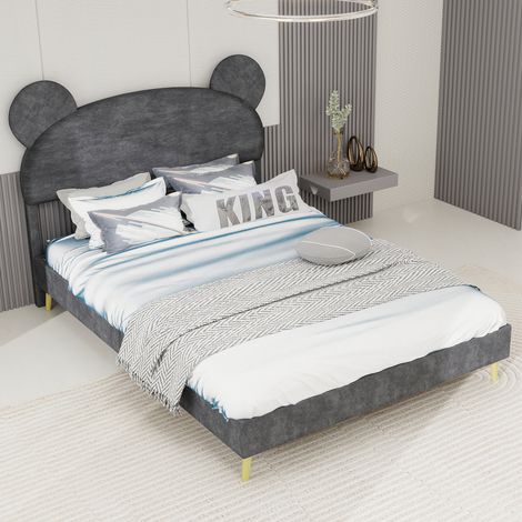 Lit rembourré moderne et minimaliste avec tête de lit douce au design de dessin animé, 140x200 cm, gris, meuble de chambre multifonctionnel, base basse sans rangement (sans vérin à gaz), matelas non i (1/5)