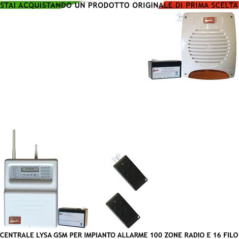 Centrale 64 Zone Radio e 16 Filo Lysa evo GSM Fr 433,92 MHz Sirena Allarme Lampeggiante 2 Radiocomandi Anti-Jamming Kit Ricambio per Impianto Antifurto Gestione da Remoto Tramite Sistema Ampliabile