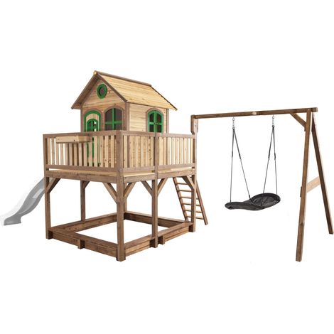 Axi Liam Maison Enfant Avec Bac À Sable, Balançoire Nid D'Oiseau Noir & Toboggan Blanc  Aire De Jeux Pour L'Extérieur En Marron & Vert  Maisonnette / Cabane De Jeu En Bois Fsc