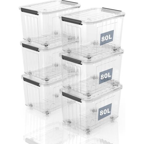 Caisses de rangement en plastique avec couvercle, boîtes de rangement rayées avec roues 80L, conteneur empilable pour maison et bureau, bac transparent en polypropylène, 80L (lot de 6) (1/5)
