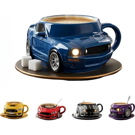 Tasse à café créative en acier inoxydable à double couche en forme de voiture, durable, faite à la main, pour voiture, bureau, eau, sous-verres non inclus, bleu