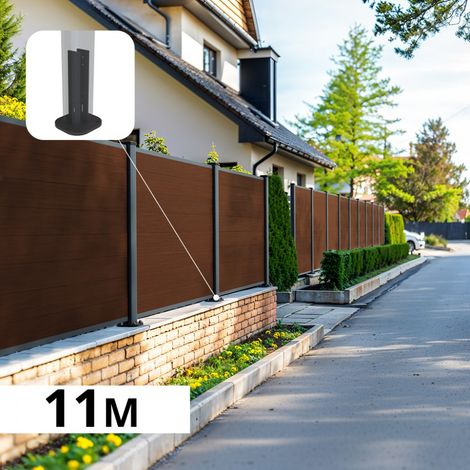 Kit Clôture Composite sur Muret CRUZ Ipé 10,99x1,2m - Bois composite & Aluminium - Poteaux sur Platines Gris Anthracite - Brise vue