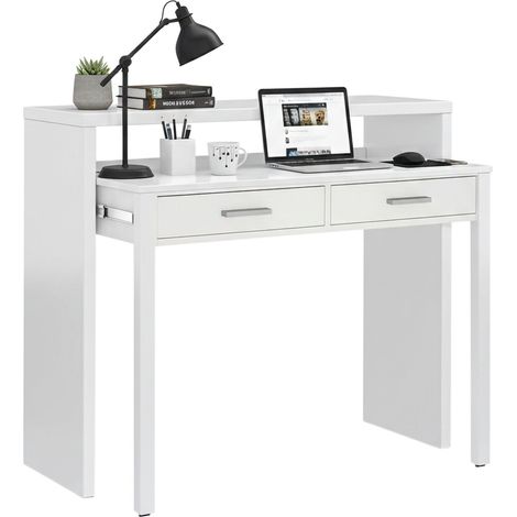 Consolle, Scrivania con piano estensibile, Scrittoio porta PC con 2 cassetti, cm 99x36h88, Bianco