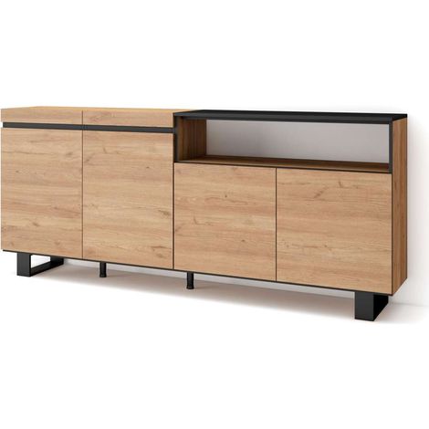 Aparador Adamuz de 200x87x35 cm con 4 puertas, diseño industrial, color roble y negro (1/4)