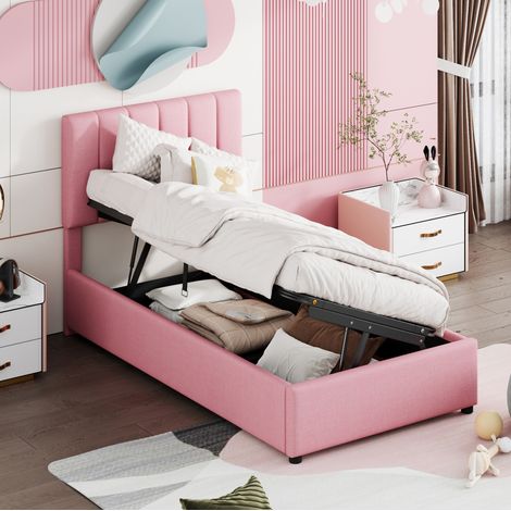 Letto con contenitore imbottito in lino rosa 90x200 cm con rete a doghe e testiera regolabile (1/5)