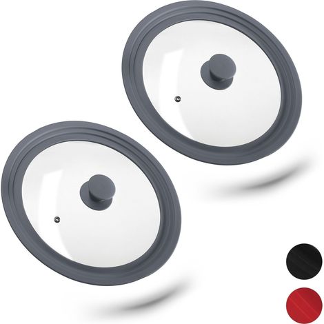 Set of 2 Relaxdays Saucepan Lids Universal, Glass Cover, Stepped Silicone Rim, Pots & Pans 26-30 cm, 5x27,5 cm, Grey