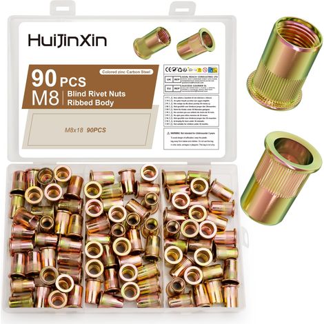 90 Pcs Insert Fileté Metal, Ecrou a Sertir, M8 Écrous à Sertir Rivet Fileté, Écrou de Rivet a Tête Plate en Acier Carbone, Manchons Écrous d'Insertion Filetés pour Tôles, Bois, électricité (1/5)