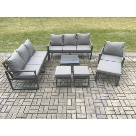 Fimous Aluminium Outdoor Lounge Sofa Set Garden Furniture Sets with Square Coffee Table Chair 3 Footstools Dark Grey (1/5)