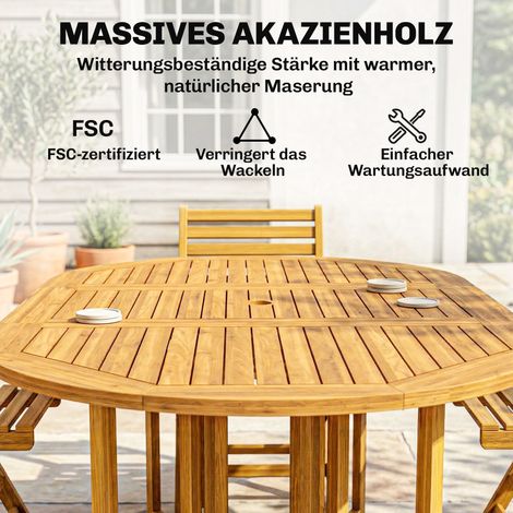 Salon de jardin 7 pièces en bois FSC : table extensible + 6 fauteuils pliants, trou pour parasol, design latté. (1/4)