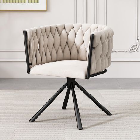 Chaise de salle à manger en velours, fauteuil pivotant de luxe à une lumière pour salon/chambre, fauteuil pivotant de loisirs avec quatre pieds de support en métal, beige