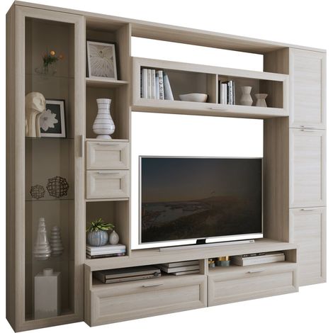 Pared Modular Carenno, Mueble de Salón Ajustable, 4 Cajones, 8 Estantes, Olmo Marrón