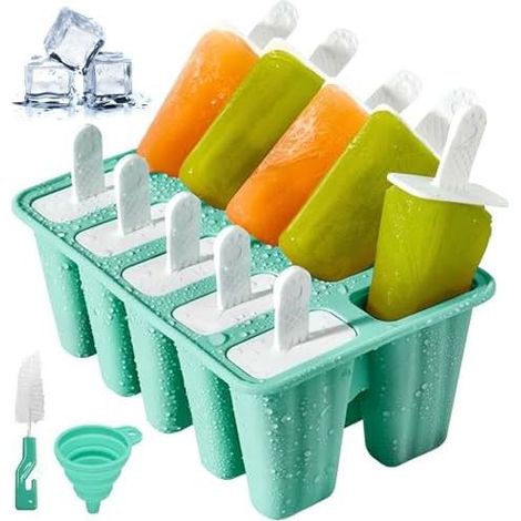 Moule à Glace, Popsicle Mold avec Brosses Et Entonnoirs Pliants, Moule Glaces Silicone Réutilisables, Sans BPA, pour Popsicles, Crèmes Glacées (Vert, 10 Cavités) (1/5)