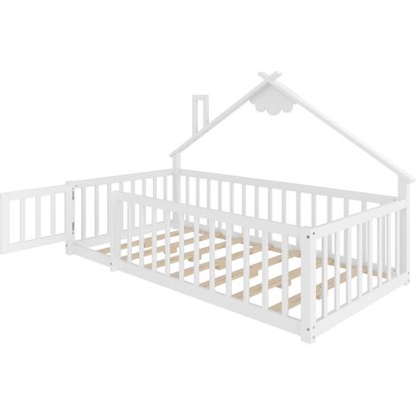 Lit enfant cabane 90 x 190 cm avec barrière et serrure, pin et MDF, blanc (1/5)