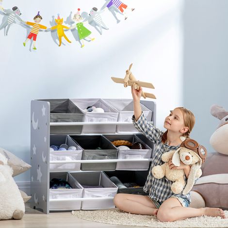 Armario infantil con 9 cestas extraíbles, fabricado en madera MDF y tela, 63x30x60 cm, color gris. (1/5)