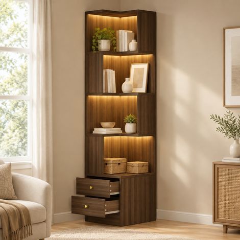 Eckregal mit LED und App-Steuerung, 45 x 43,5 x 180 cm, MDF Braun HAVRYA (1/5)