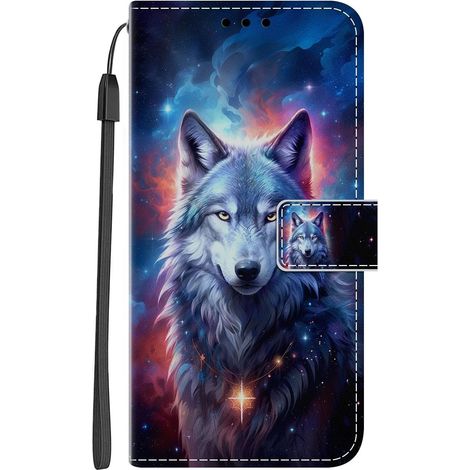 Coque pour Samsung Galaxy A16 4G / 5G PU Cuir à Rabat Housse Étui avec Mignonne Motif Dessin Design, Antichoc Portefeuille Etui Flip Folio Case Cover pour Galaxy A16, Loup (1/5)