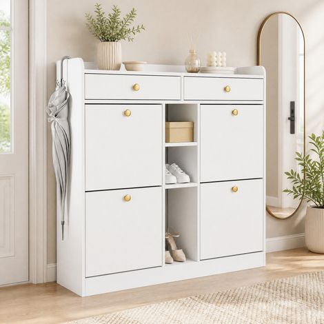 Zapatero blanco 110 x 26 x 100 cm con 4 puertas abatibles, 2 cajones y 3 nichos (1/5)