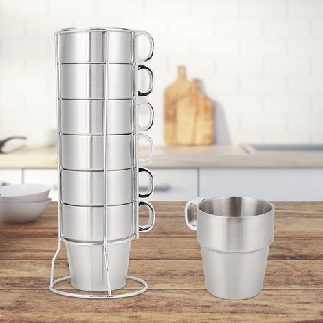 Doppelwandiges, stapelbares Edelstahl-Trinkbecher-Set mit Becherhalter, hitzebeständig und hitzebeständig (1/5)