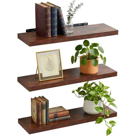 Relaxdays set da 3 mensole da parete, 4 x 80 x 23 cm, effetto legno, metallo, soggiorno/ingresso/cucina, marrone/nero
