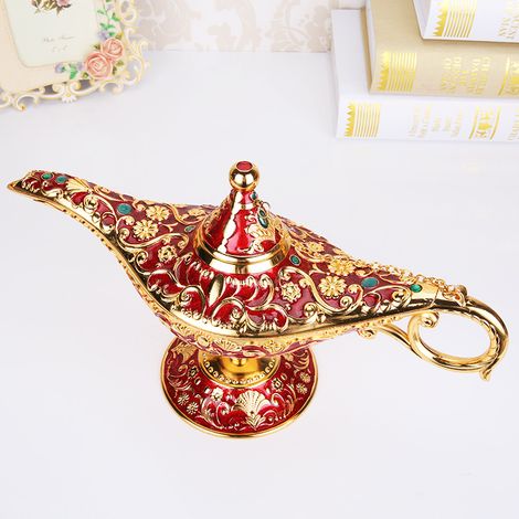 Lampe d'Aladin (dorée et rouge), en étain, style rétro européen artisanal. (1/2)