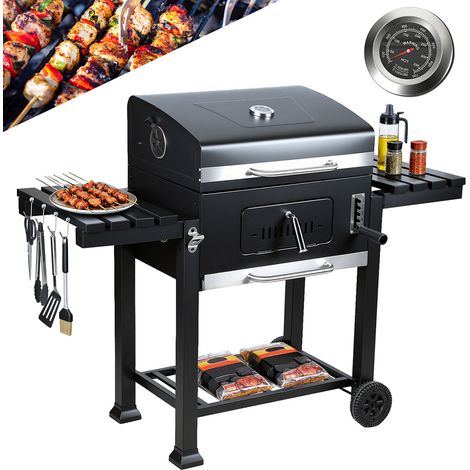 TolleTour Holzkohlegrill Grillwagen Temperaturanzeige Standgrill mit zwei klappbaren Seitenablagen, Schwarz