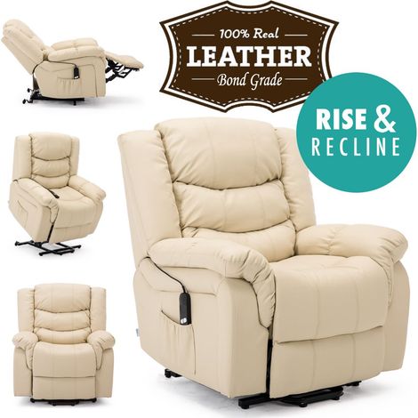SEATTLE CREAM ELECTRIC RISE LEATHER RECLINER ARMCHAIR SOFA HOME LOUNGE CHAIR (1/5)