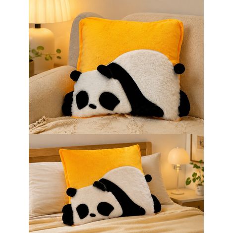 Coussin peluche panda jaune 38x38 cm doux moelleux décoration chambre enfant canapé style mignon confort douillet (1/5)