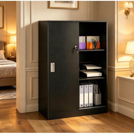 Armoire de rangement de bureau verrouillable à portes coulissantes, 80 x 40 x 120 cm, noire OKMYHOME (1/5)