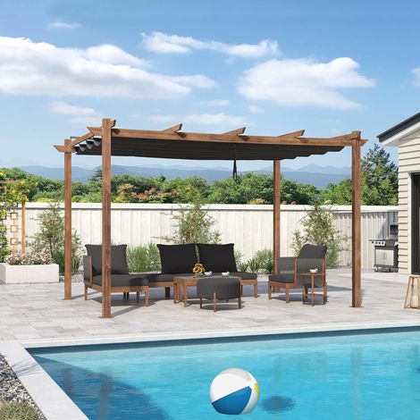 PURPLE LEAF Pergola Jardin Extérieure Rétractable en Aluminium, Cadre à Finition Imitation Bois, avec Double Auvent Pare-soleil, 4 x 3 m, Gris