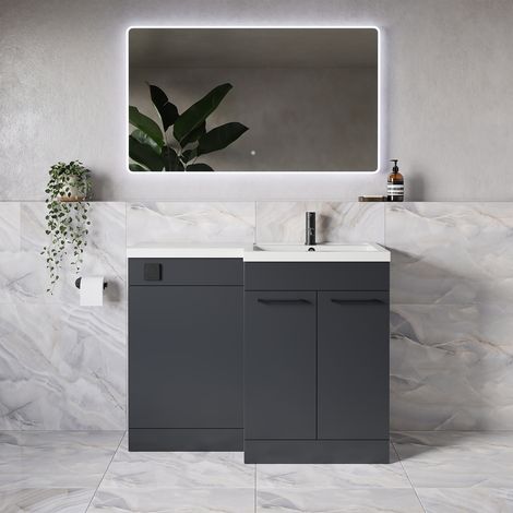 Napoli 390 Gloss Grey 1100mm 2 Door Vanity Unit Toilet Suite with Square Right Hand Lucia Basin - 1100mm - Matt Black 160mm HandleWithout Kingston Toilet Pan