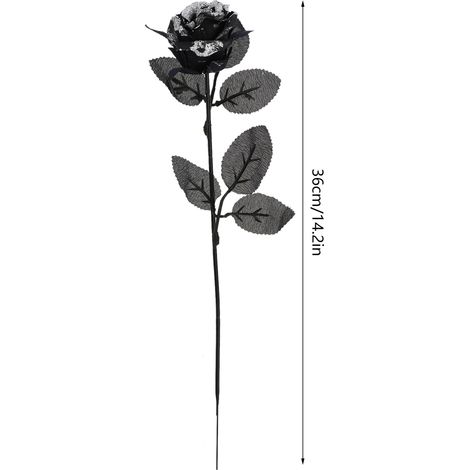 Rose artificielle noire en tissu et métal, fleur fausse 36 cm, déco Halloween, 2 pièces (1/2)