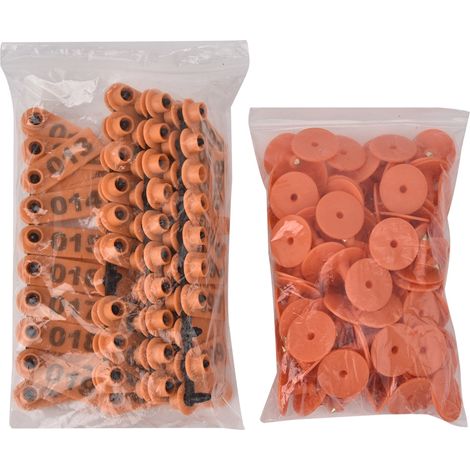 Lotto di targhette auricolari in plastica – arancioni – numeri da 1 a 100 – per capre / pecore / maiali – bestiame (1/5)