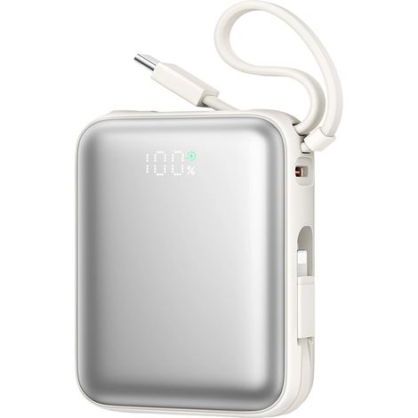 Batería externa Joyroom JR-PBF27 de 10000 mAh y 22,5 W con cables USB-C y Lightning integrados - Blanca