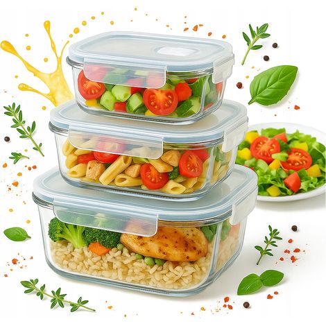 Juego de 3 recipientes de vidrio para alimentos, herméticos, para el almuerzo.