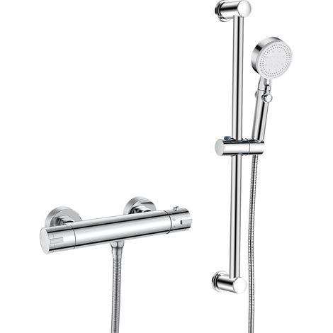 Mitigeur Thermostatique Ensemble de Douche, Mitigeur Douche Thermostatique Mural, Colonne de Douche 635mm avec Flexible Douchette 5 Jets Support, Laiton, Chromé (1/5)
