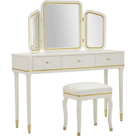 Coiffeuse avec Miroir & Tabouret "Camille" 120cm Blanc (1/5)