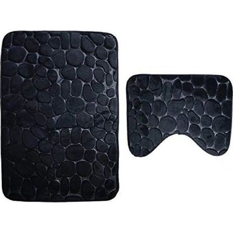 Lot de 2 Tapis de Bain Anti Dérapant et Le Tapis de Piédestal pour Salle de Bains Lavable a la Machine (50 80+40 50cm) - Noir