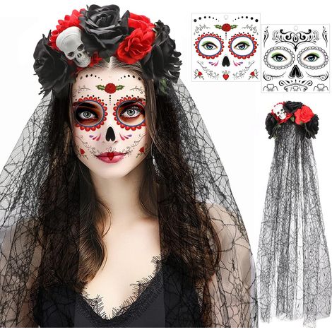Costume Dia De Los Muertos, Serre Tete Dia De Los Muertos, Serre Tete Halloween Tatouage Temporaire pour Visage, Deguisement Jour Des Morts Femme, Deguisement Halloween, A (1/5)