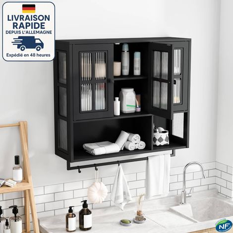 MODFU - Meuble de salle de bain mural 3 portes vitrées, placard avec rangement ouvert, 88×26×82,5 cm, MDF, noir (1/5)